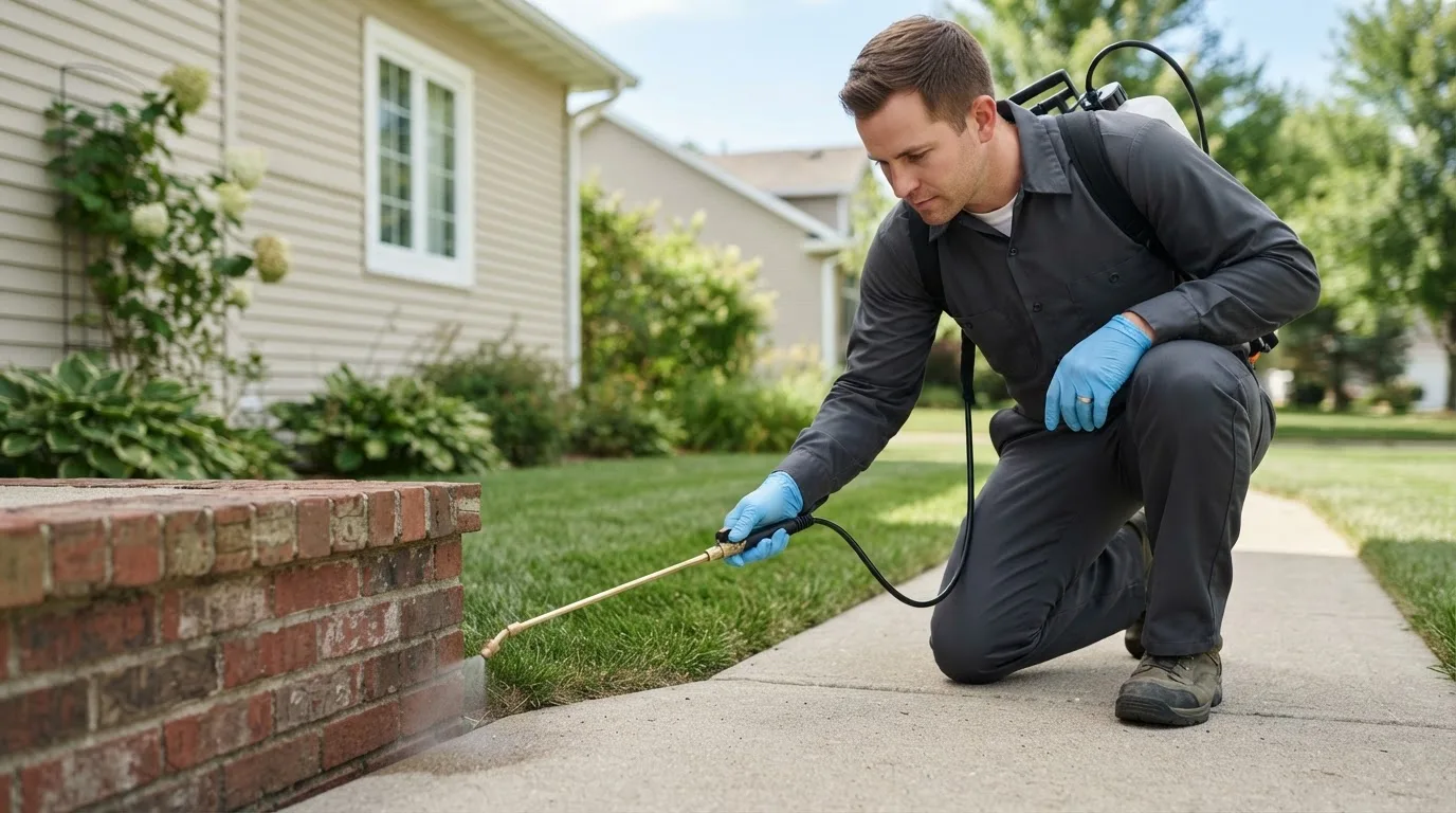Pest control technician treating a home near Ely, MN